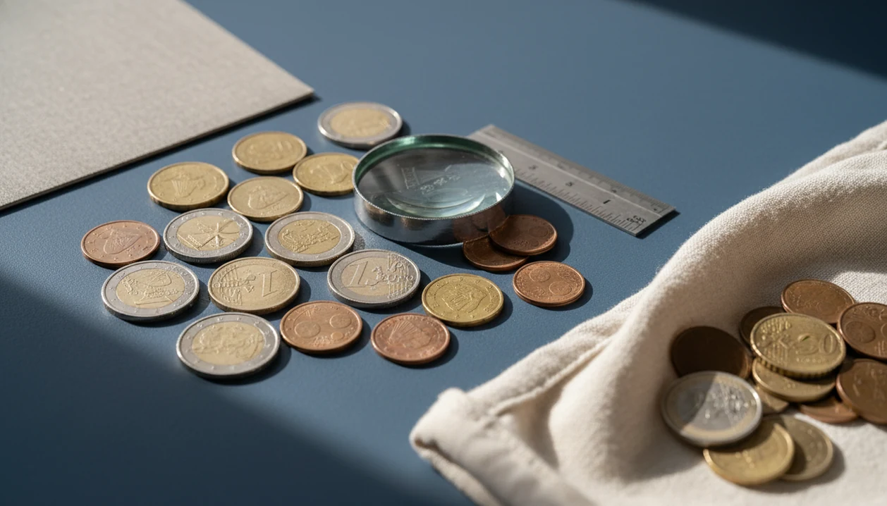 A careful flat lay of euro and pre-euro coins with a magnifying glass and measuring tools.