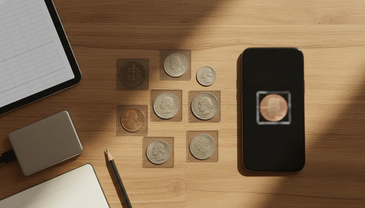 Coins, holders, a phone, and a spreadsheet setup show ways to track a coin collection for free.