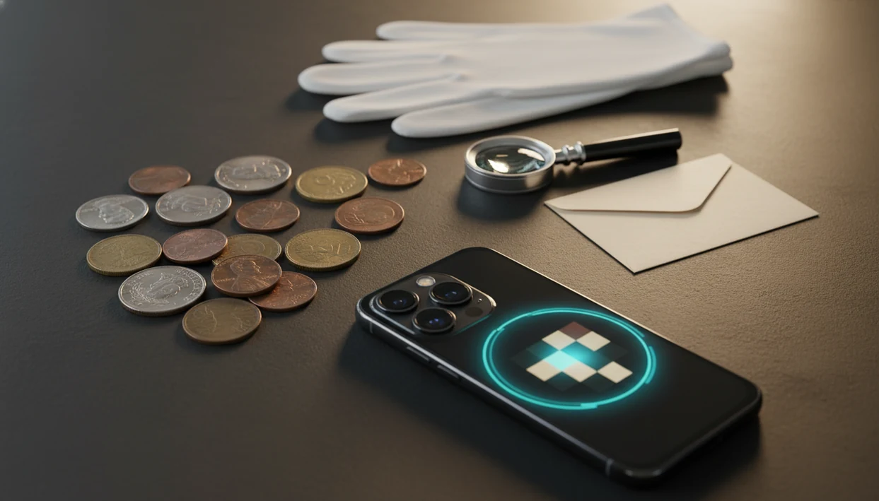 A smartphone, coins, gloves, and a magnifying loupe arranged for beginner coin identification.