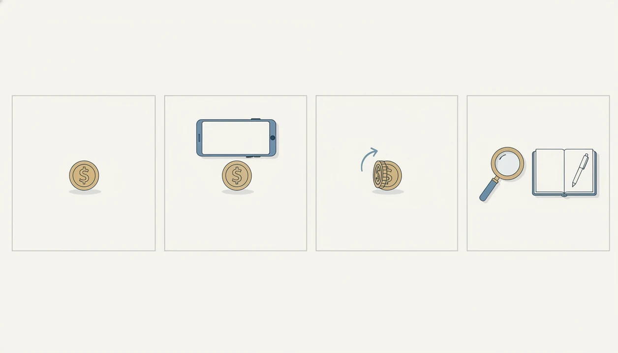 A wordless four-step illustration shows photographing both sides of a coin and checking details.