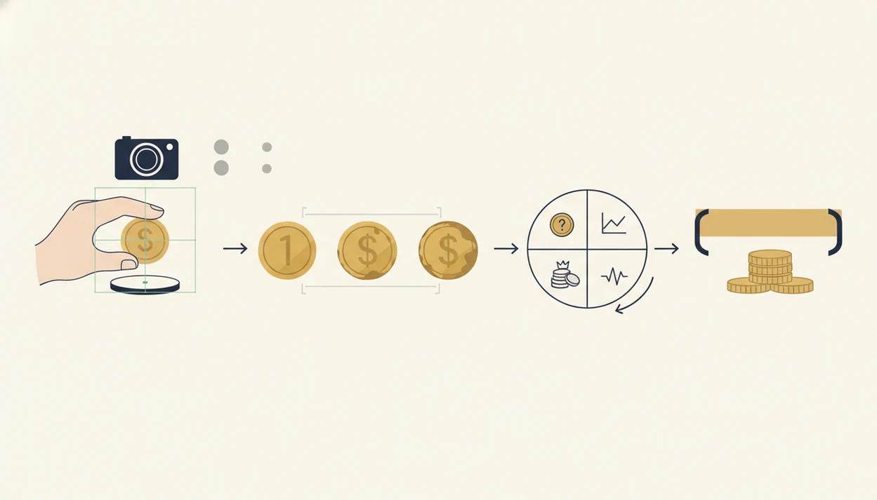 A simple visual workflow shows coin photo identification leading to rarity and condition checks.