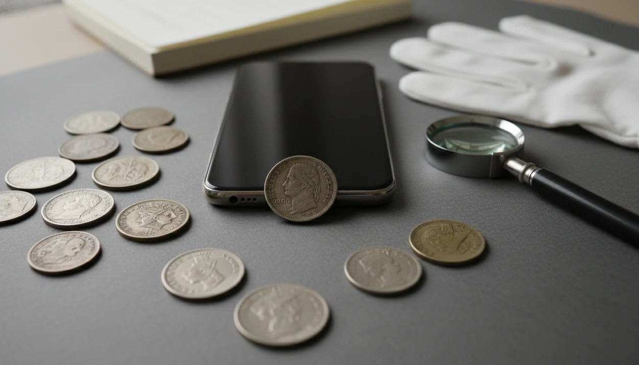 A phone camera, loupe, and mixed coins suggest using an app for a first value check.