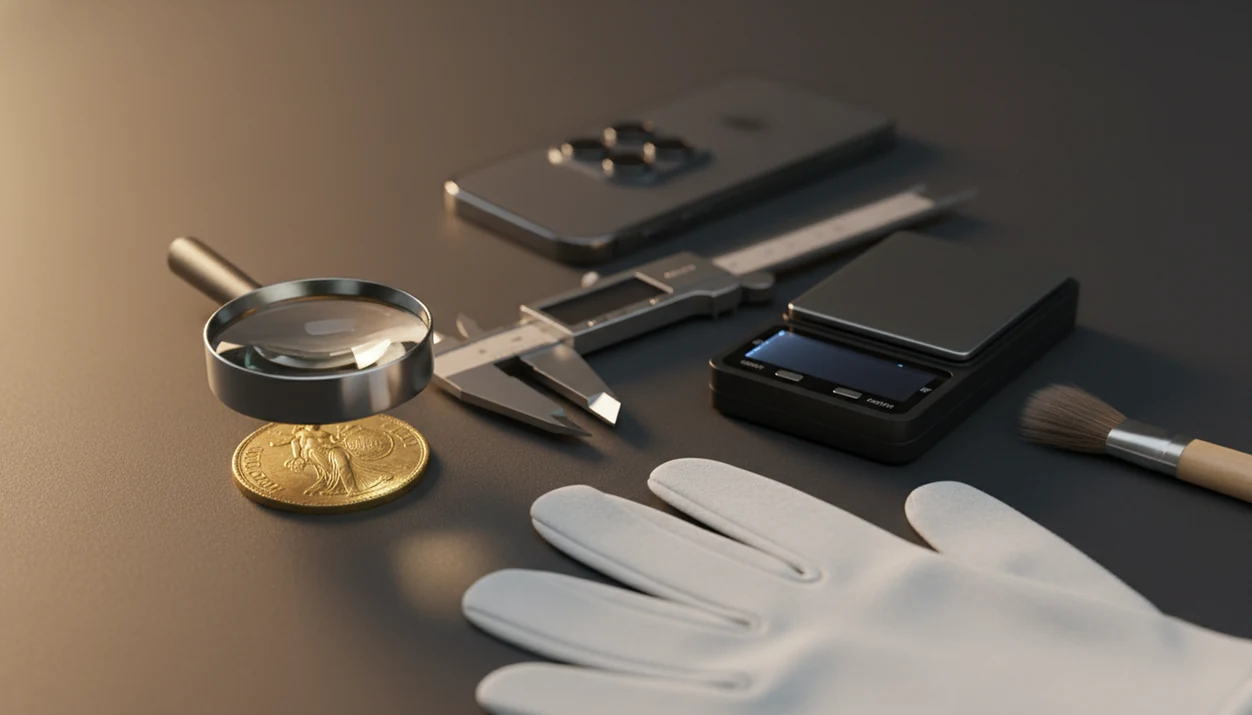 A gold coin sits with a loupe, calipers, scale, and gloves for careful identification checks.