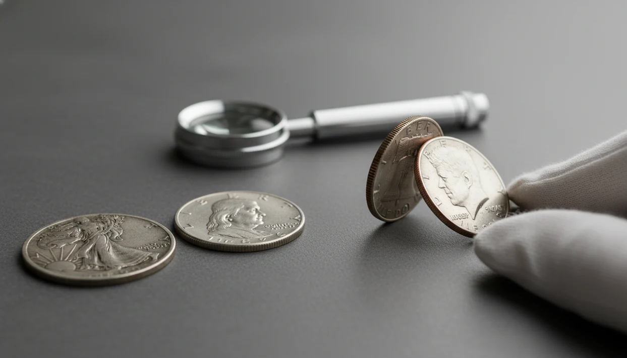 Three half dollar coin types are arranged with a loupe and visible silver and clad edges.