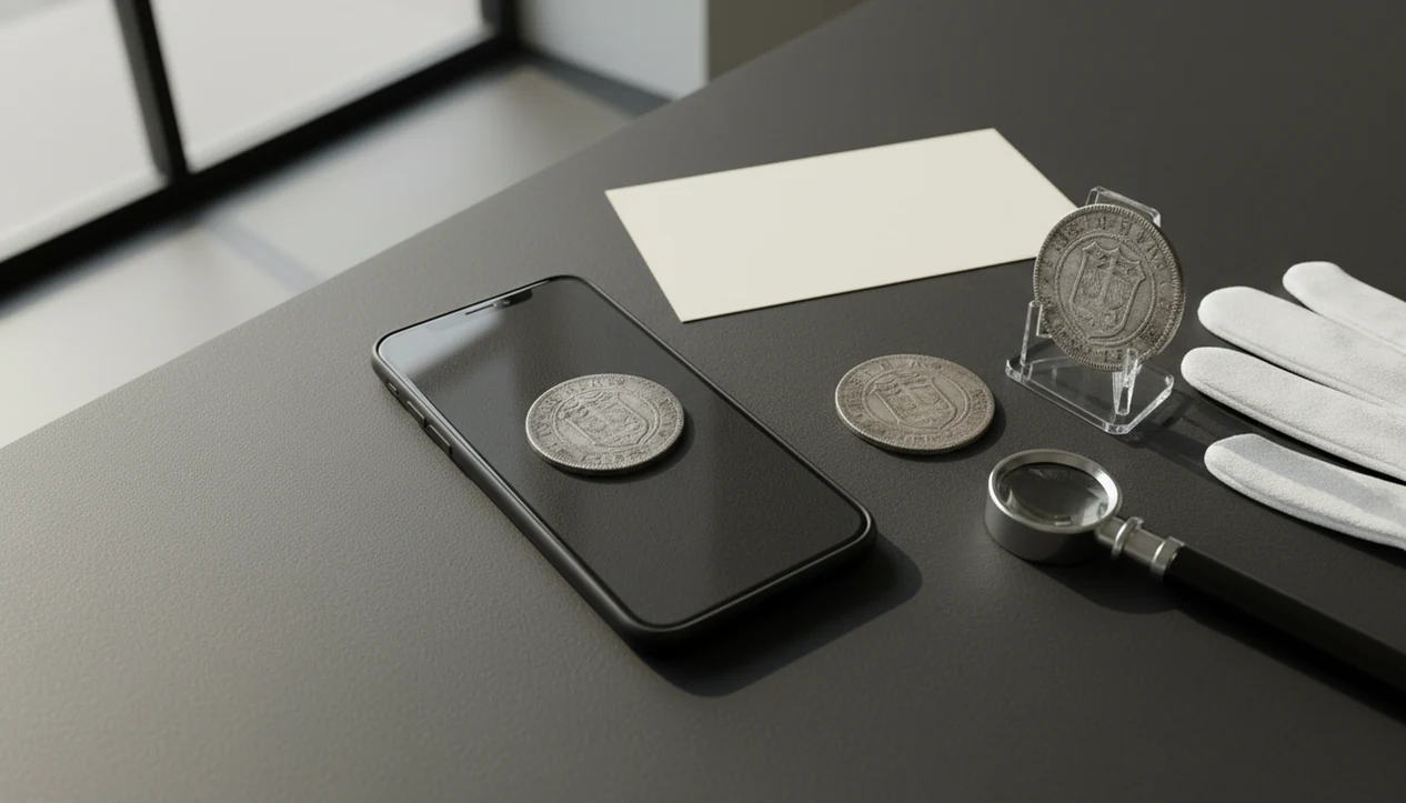 A smartphone, coins, loupe, and gloves arranged for checking a coin’s value from clear phone photos.