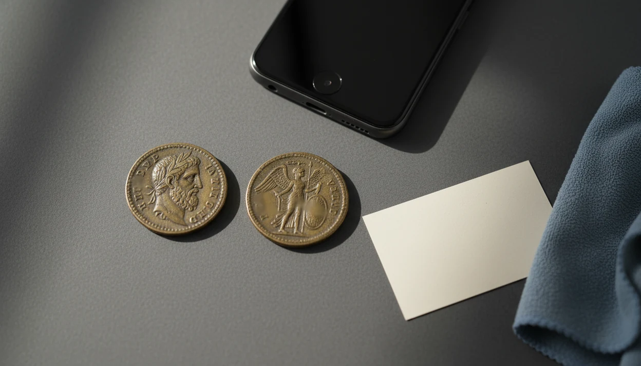 Two coin sides are arranged beside a smartphone for a clear two-sided scanning setup.