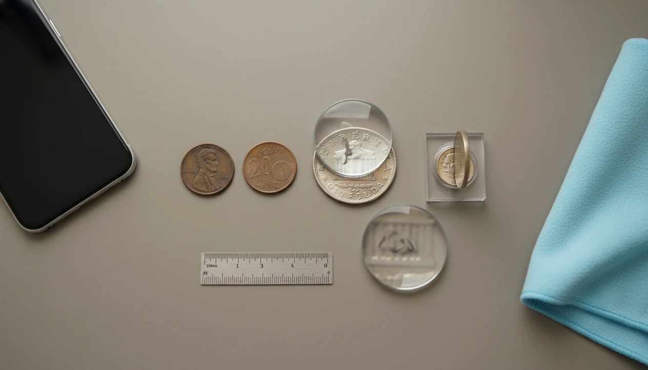 Coins arranged for photo identification with both sides, edge, magnifier, ruler, and phone on a desk.