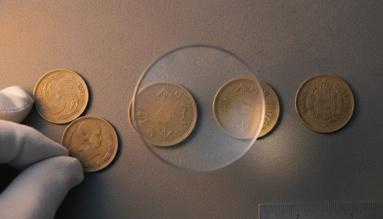 A magnifying loupe examines worn foreign coins with non-English scripts on a dark desk.