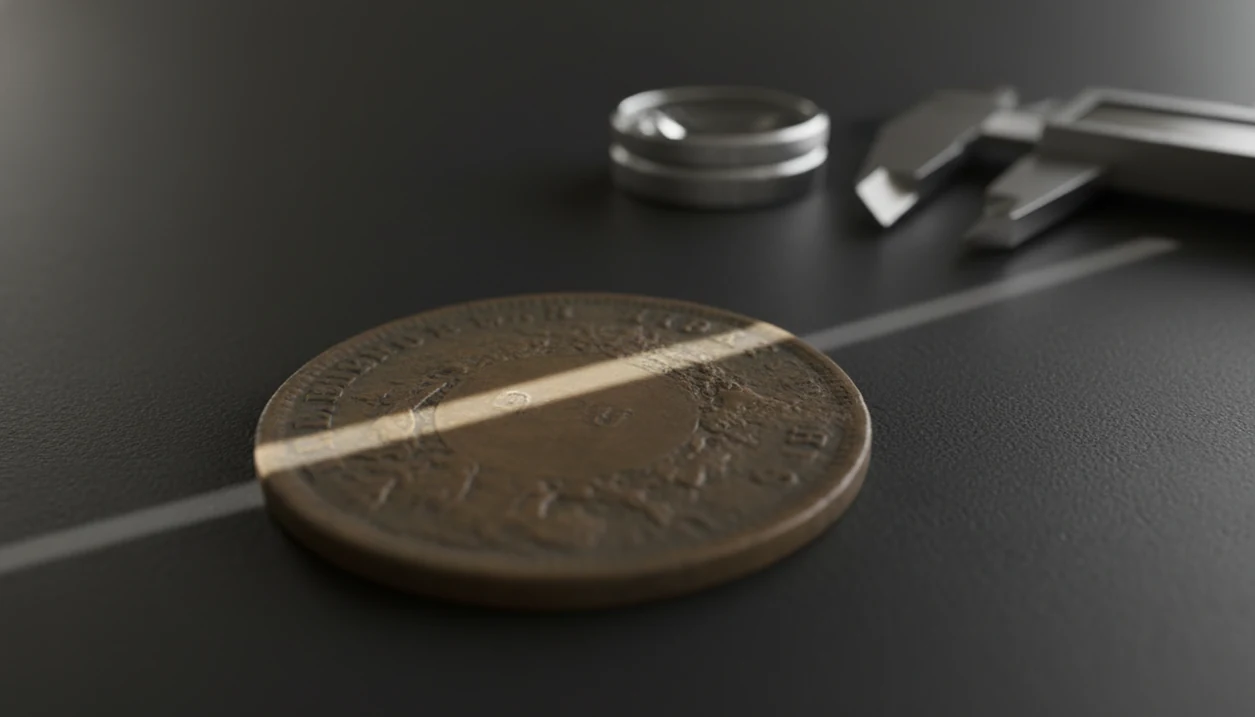 A worn coin under angled light with a loupe and calipers nearby for careful date identification.
