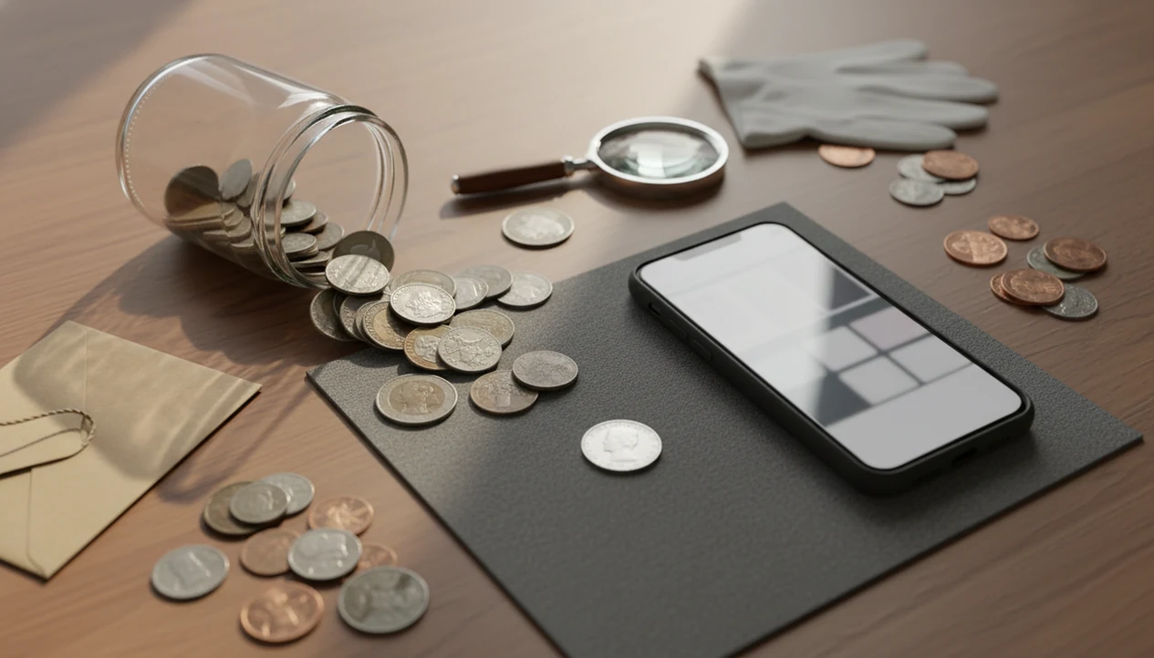 A spilled inherited coin jar is being sorted beside a smartphone, loupe, glove, and envelopes on a wooden table.