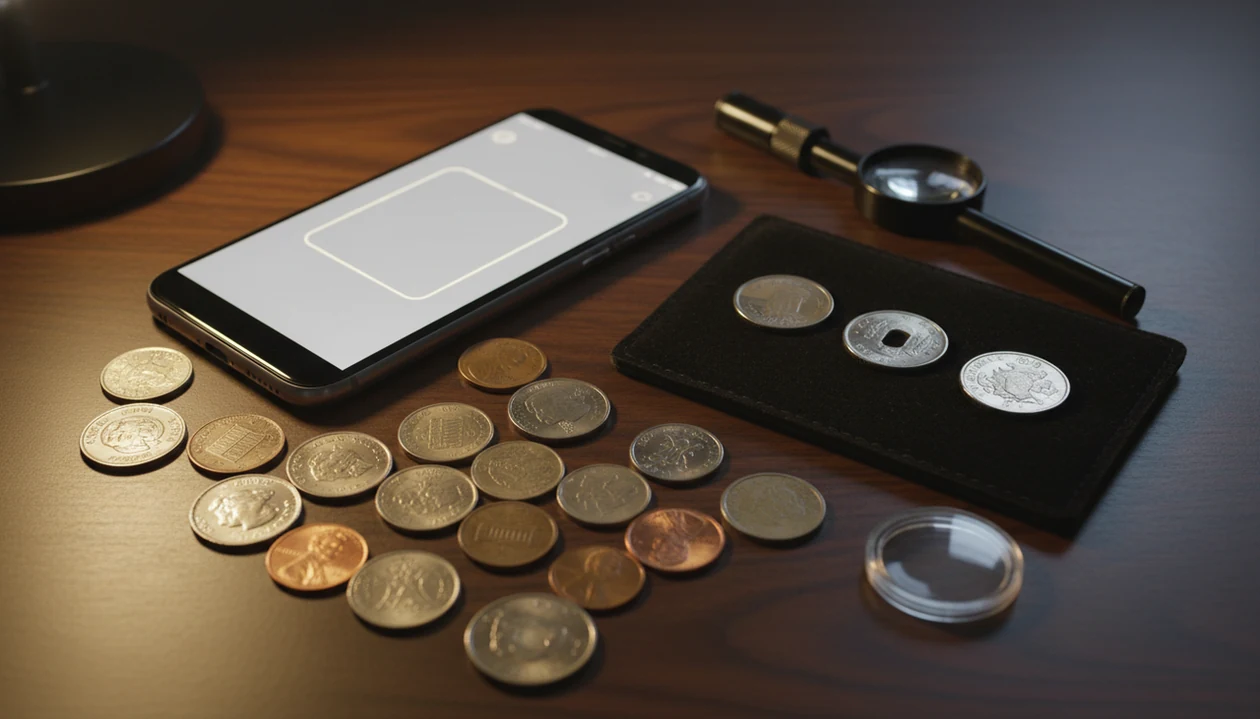 A smartphone scans mixed coins on a desk while selected coins sit beside a loupe for closer review.
