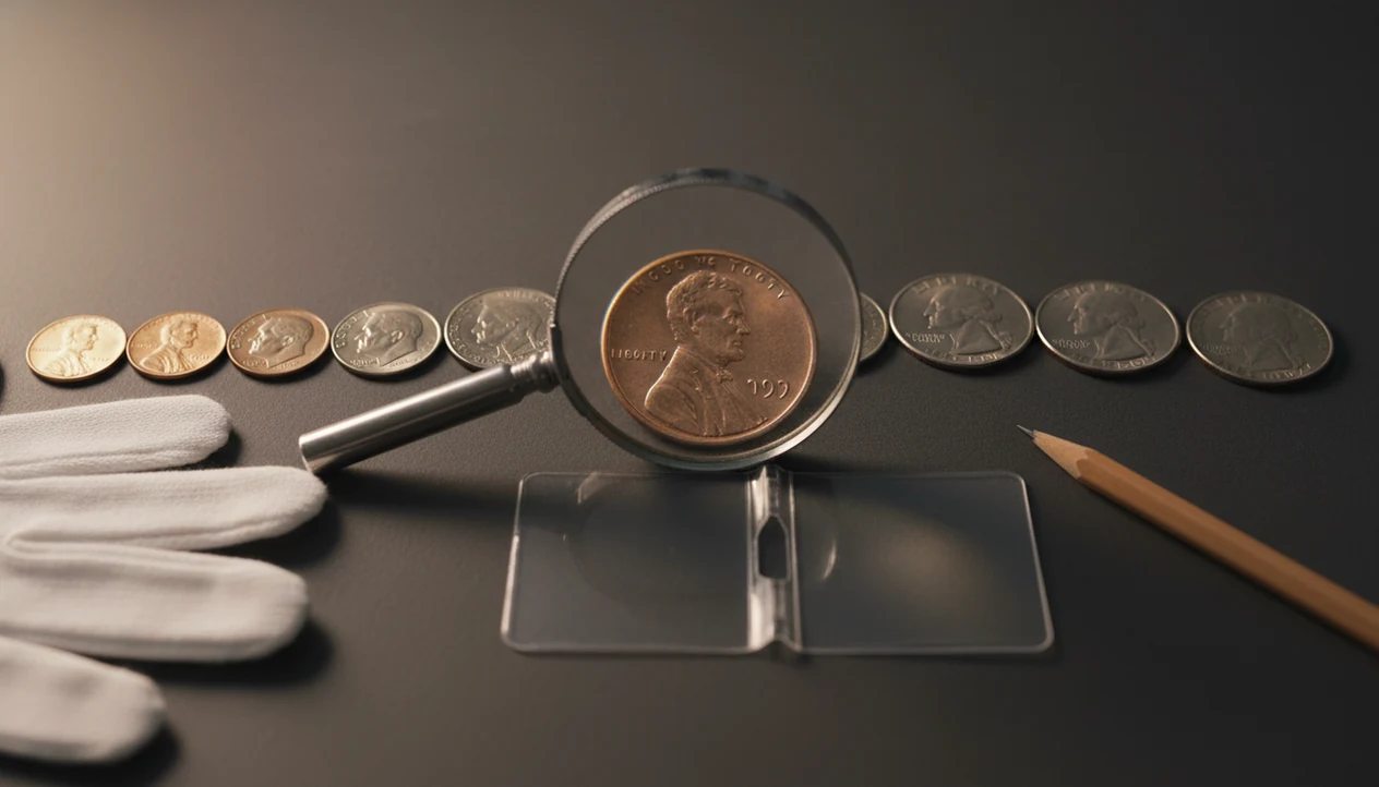 A magnifying loupe focuses on a coin’s date and mintmark area among other collectible coins.