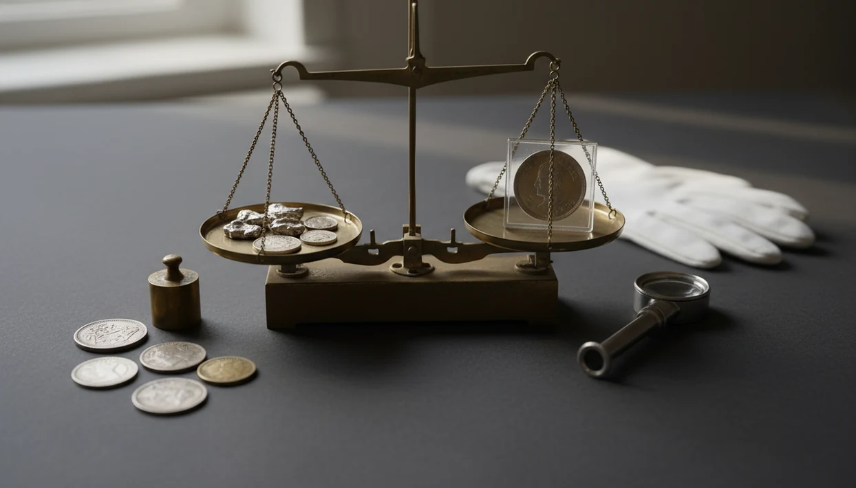 A scale compares precious metal coins with a preserved collectible coin and inspection tools.