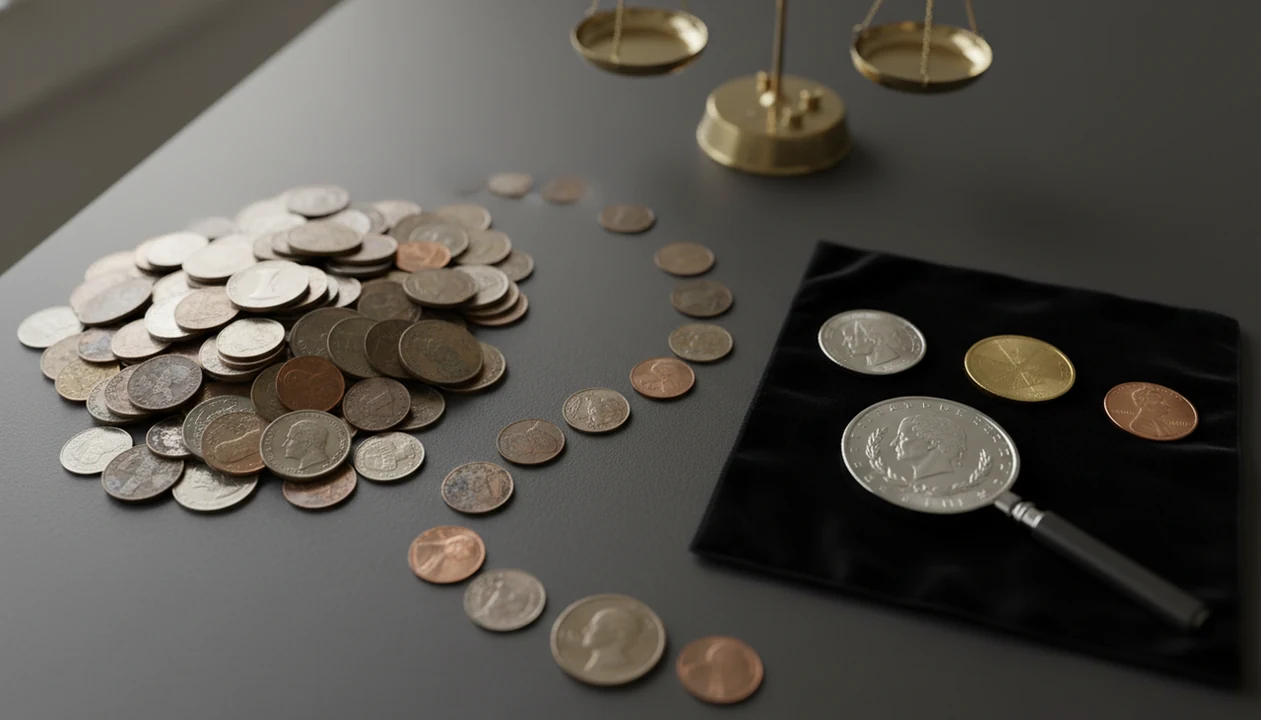 A large pile of worn coins contrasts with three carefully examined collectible coins under a loupe.