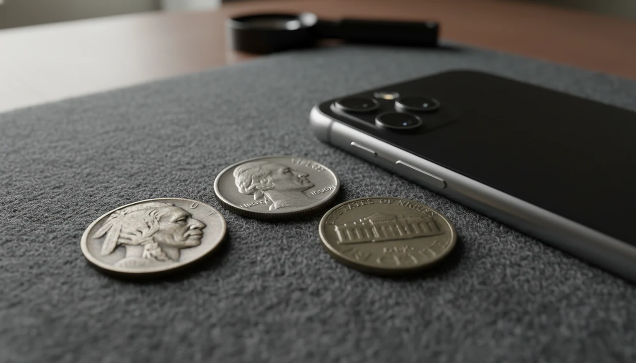 Three U.S. nickels sit beside a smartphone camera for app-based coin identification.
