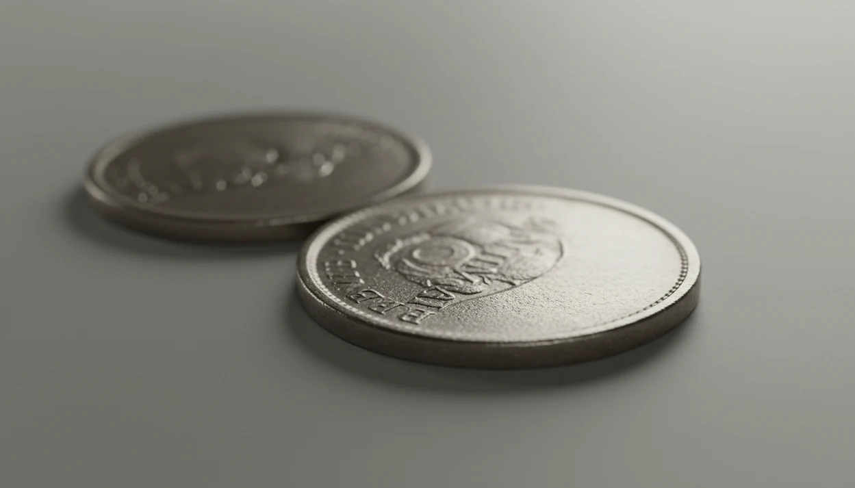 A macro view compares an off-center struck coin with a normal coin on a plain gray surface.