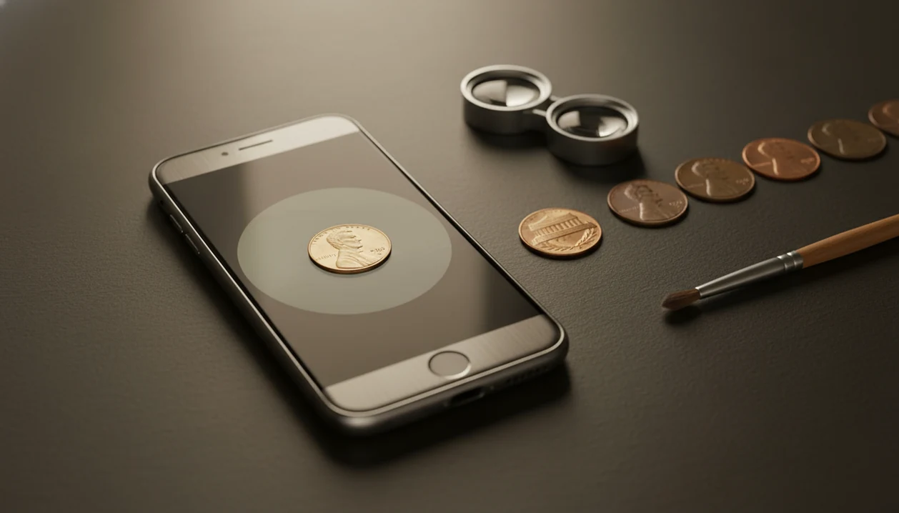 A phone scans assorted Lincoln pennies beside a loupe on a collector’s desk.
