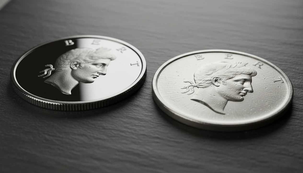 Two generic coins compare mirror proof surfaces with softer circulation strike texture.