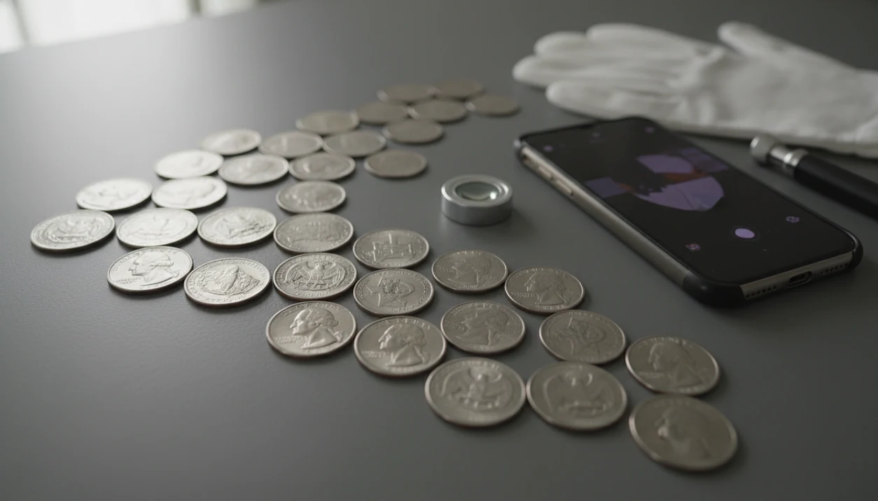 Assorted U.S. quarters beside a phone and magnifier on a collector’s desk for identification.