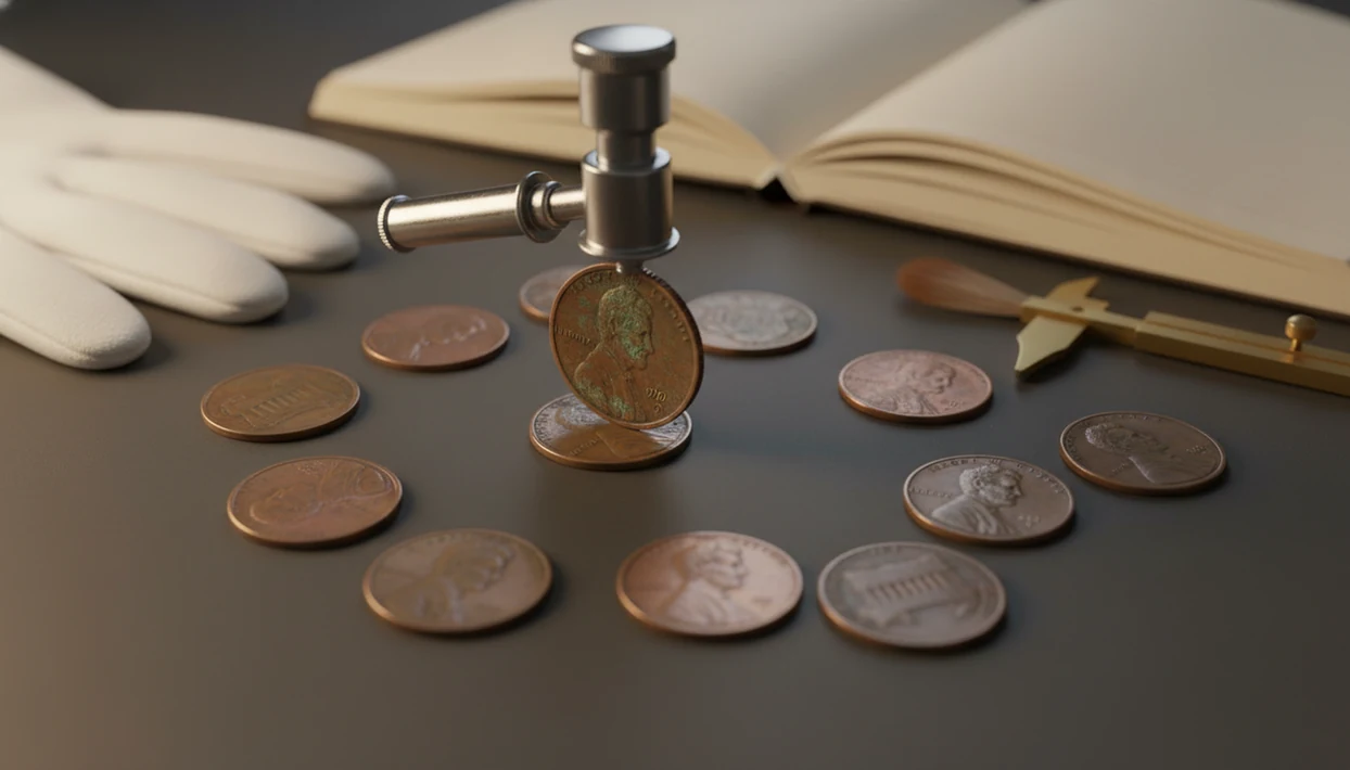 Aged pennies sit with a loupe, magnifying glass, and collector tools for careful rare penny research.