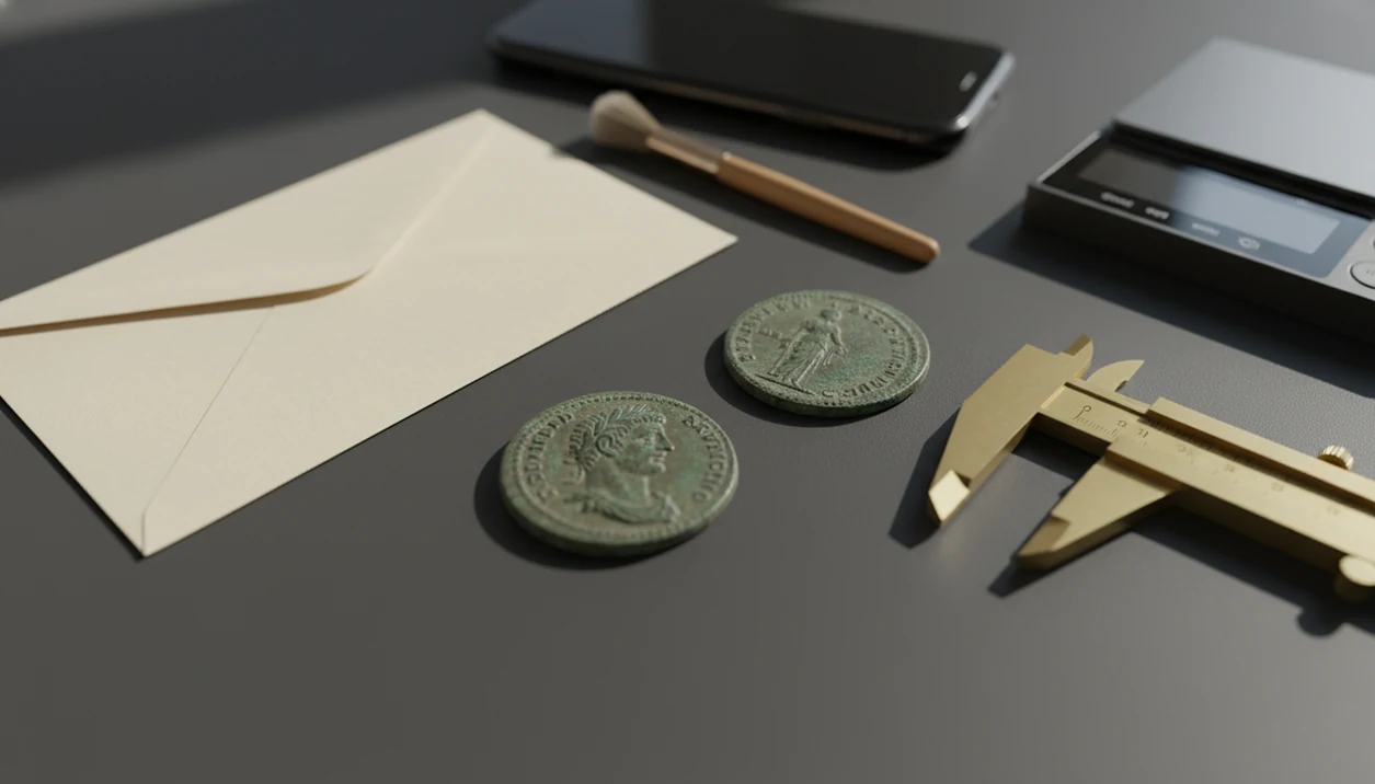 Worn Roman coins sit with calipers, a scale, brush, and phone for careful beginner identification.