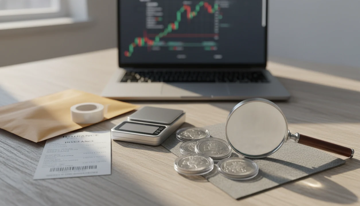 Collectible coins, a magnifier, shipping supplies, and a blurred laptop suggest safe online coin selling.
