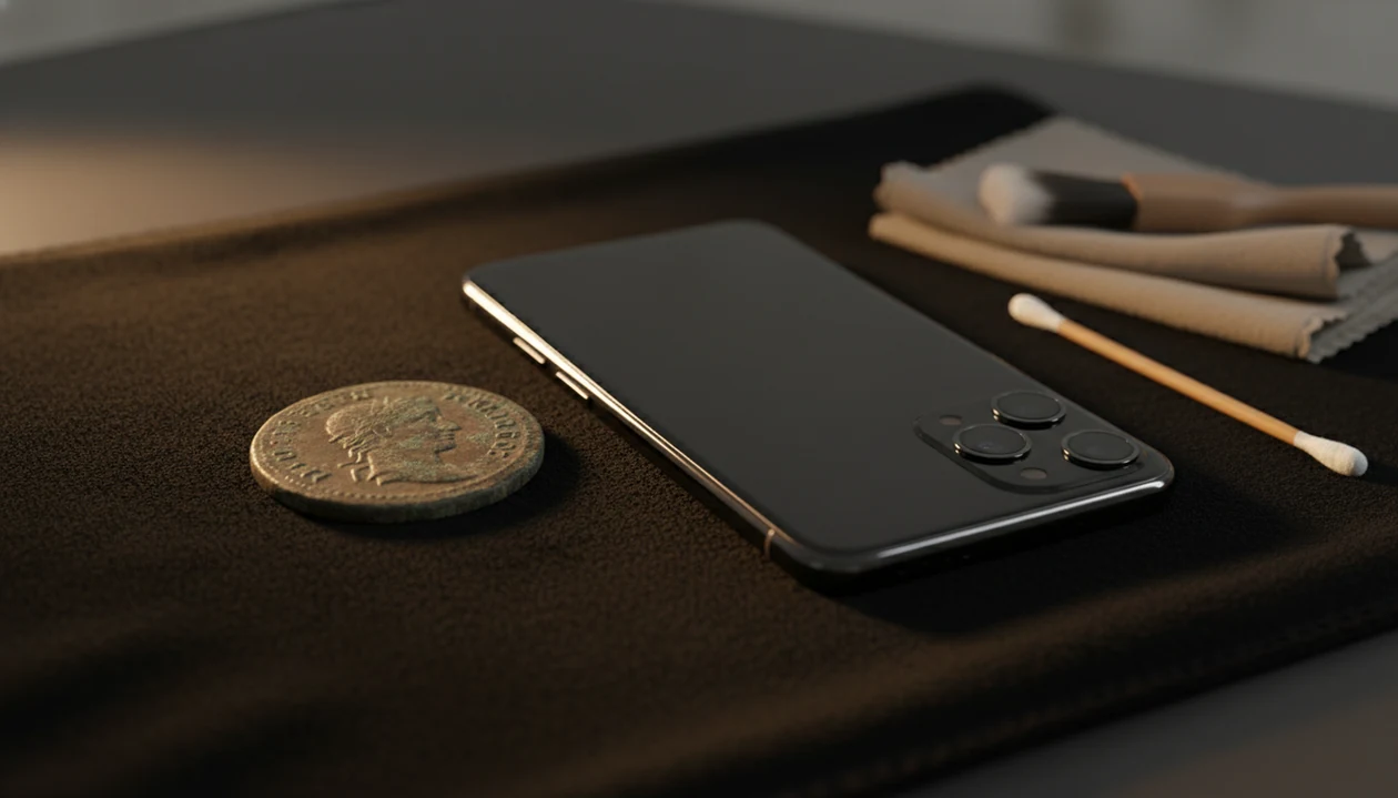 An untouched patinated coin is photographed beside cleaning tools that are set safely aside.
