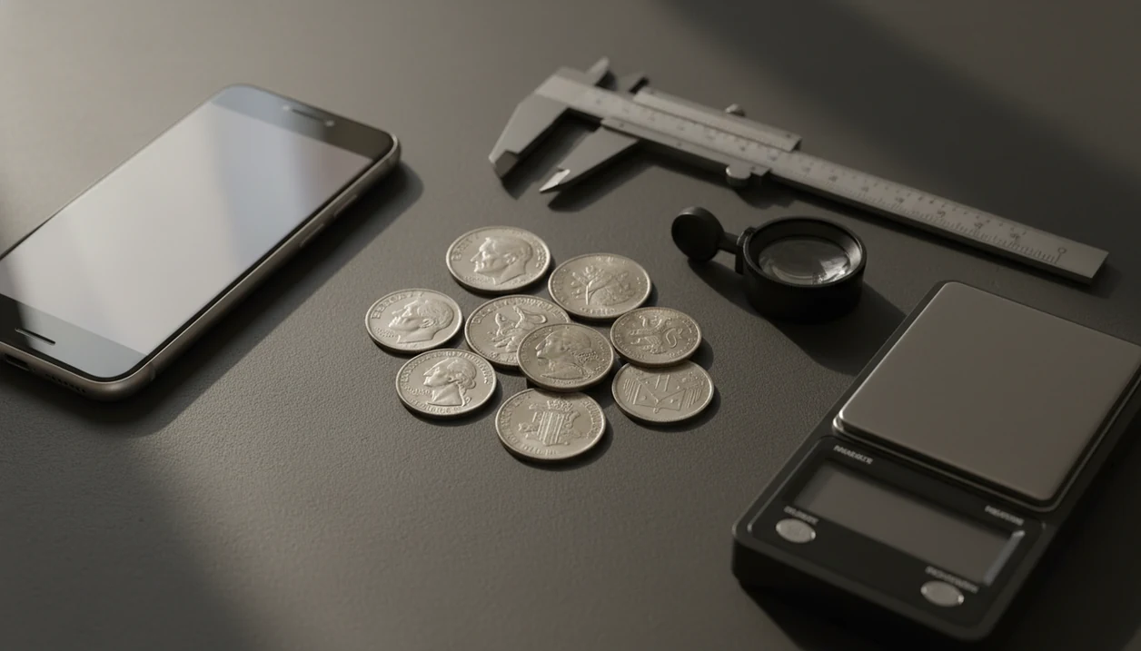 Silver coins are checked with a loupe, scale, calipers, and phone on a dark collector’s work surface.