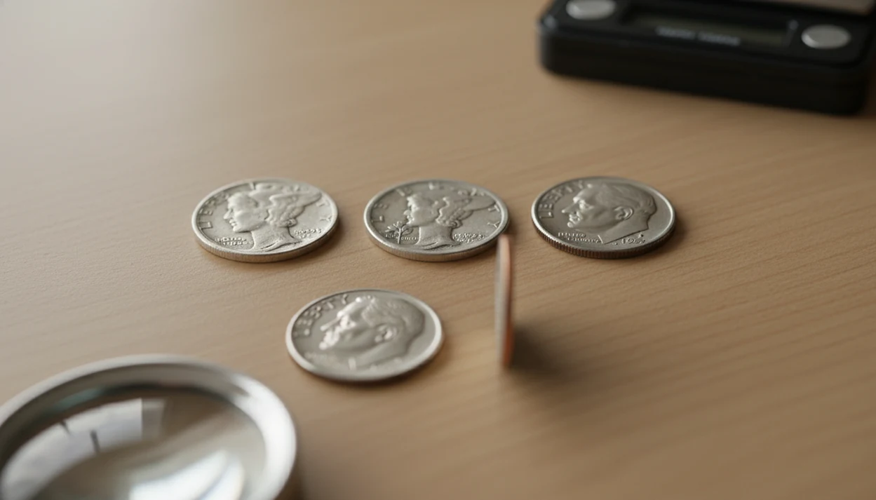 Silver and clad U.S. dimes shown with a loupe and scale for identification.