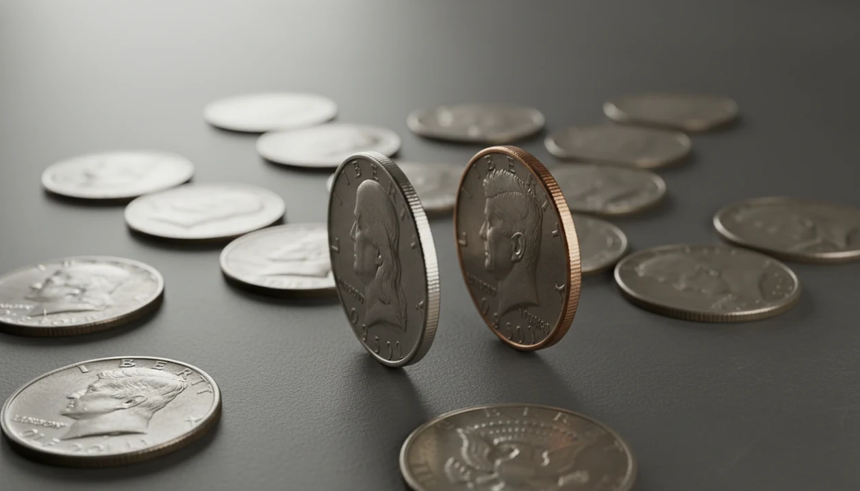 Franklin and Kennedy half dollars arranged to compare silver and clad coin edges.
