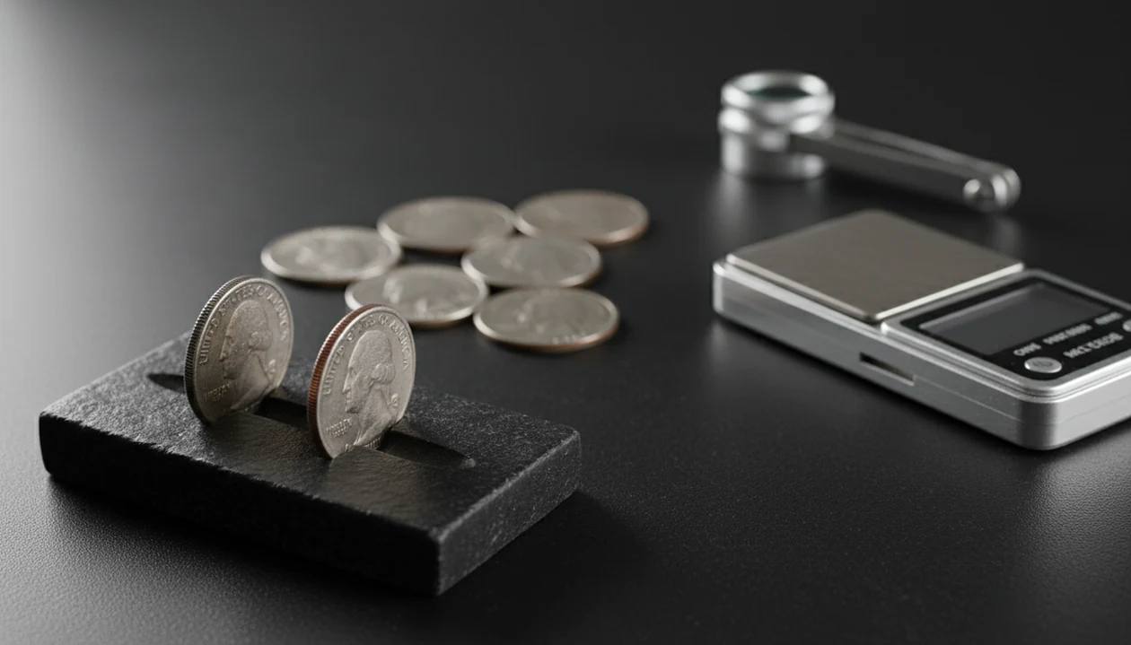 Silver and clad quarter edges are compared beside a scale and loupe on a collector’s desk.