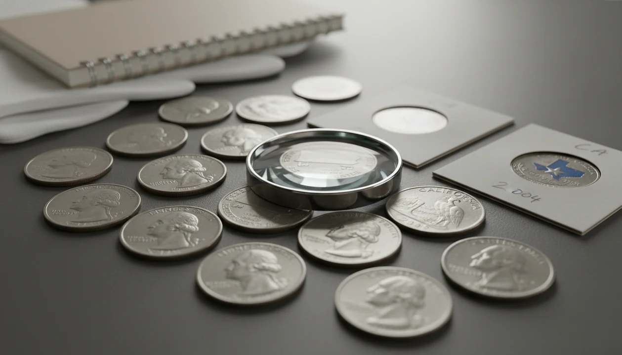A close tabletop view of state quarters being examined with a magnifying loupe and coin-collecting supplies.