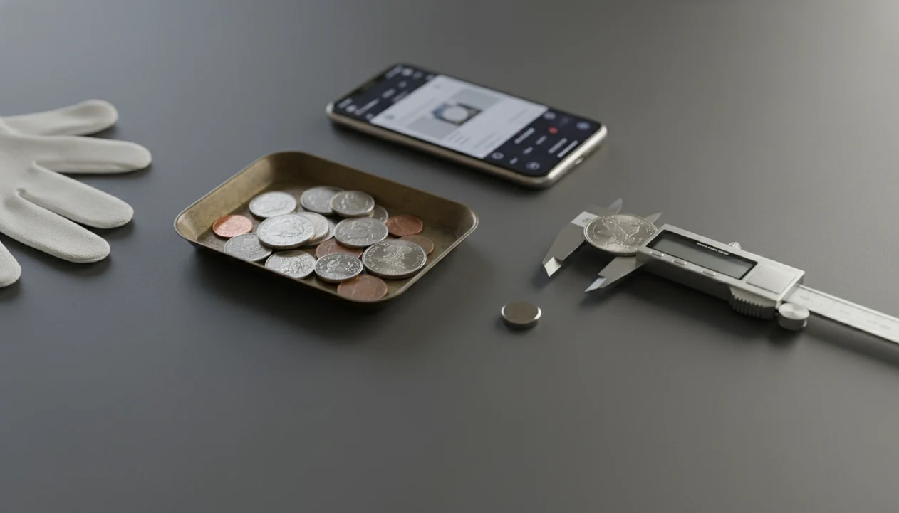 Coins sit with a scale, caliper, magnet, gloves, and phone for non-destructive metal checking.