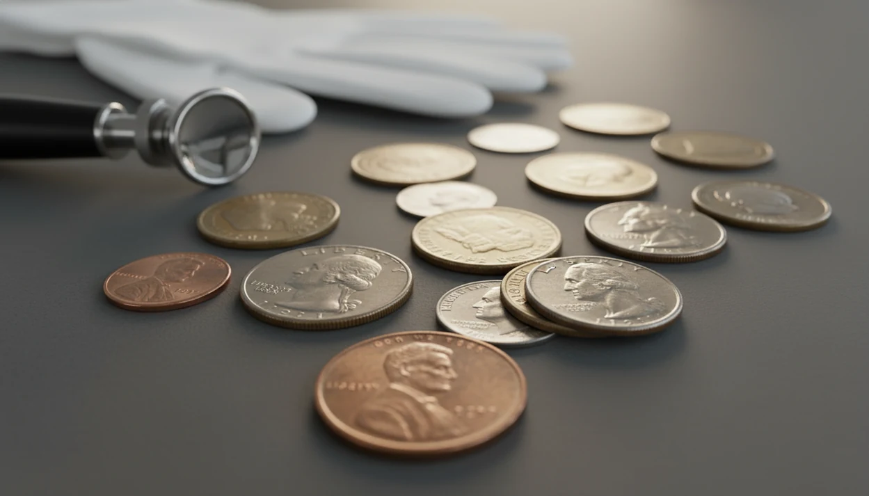 A spread of U.S. coins with a jeweler’s loupe and gloves on a dark desk for careful identification.