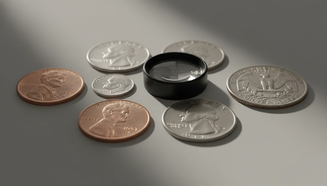 A close-up arrangement of U.S. coins and a loupe highlighting where mint marks are checked.