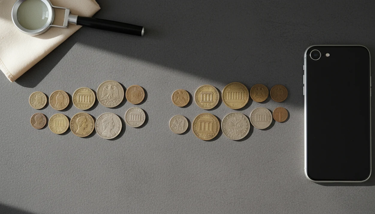 Foreign coins arranged beside a smartphone and loupe for photo identification and value lookup.