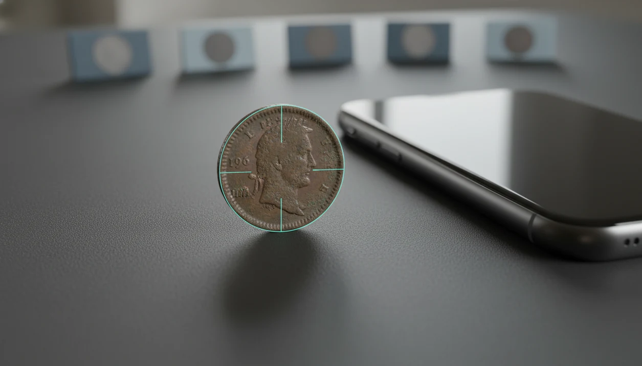 A phone camera analyzes a worn coin with subtle feature markers on a dark tabletop.