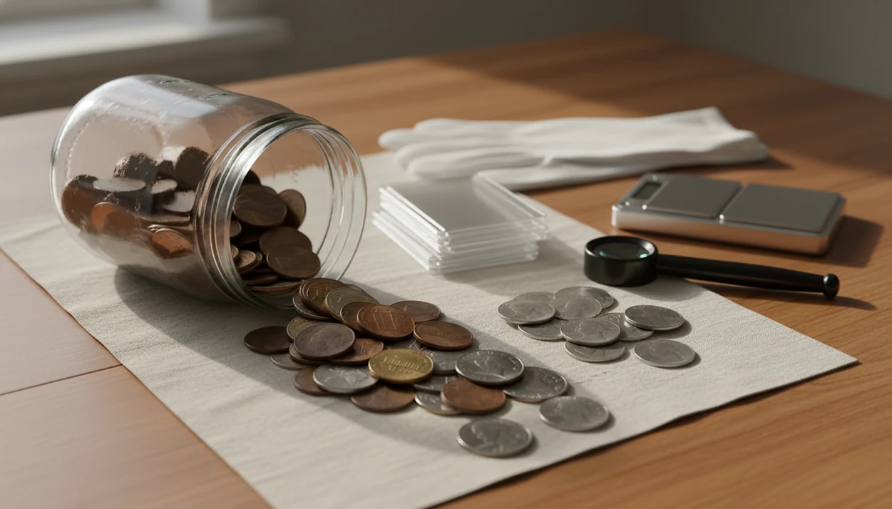 Silver coins from an inherited jar are sorted on a cloth with gloves, holders, a loupe, and a scale nearby.