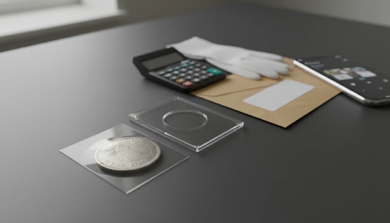 A coin, grading holder, calculator, gloves, and mailer arranged on a desk for a grading decision.