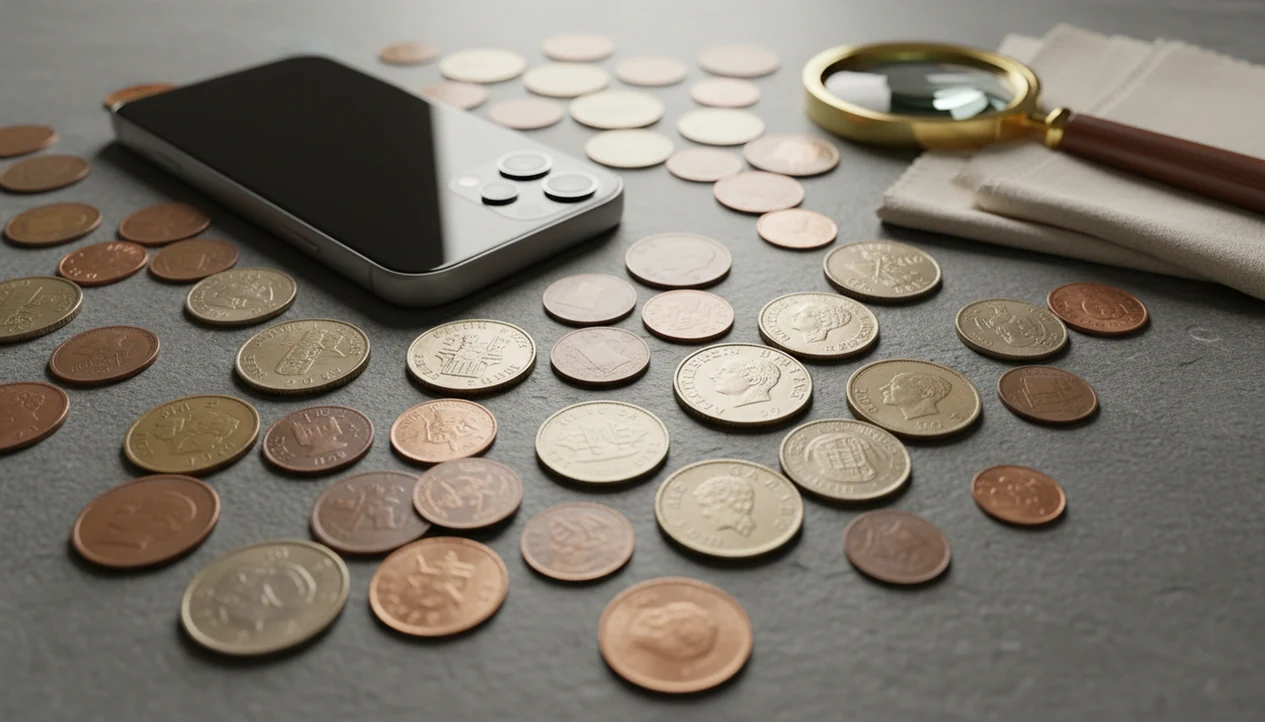 A smartphone, magnifying glass, and mixed world coins arranged for photo-based coin identification.