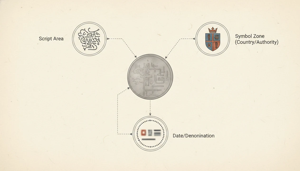 A clean diagram highlights script, symbol, and date areas used to identify a world coin.