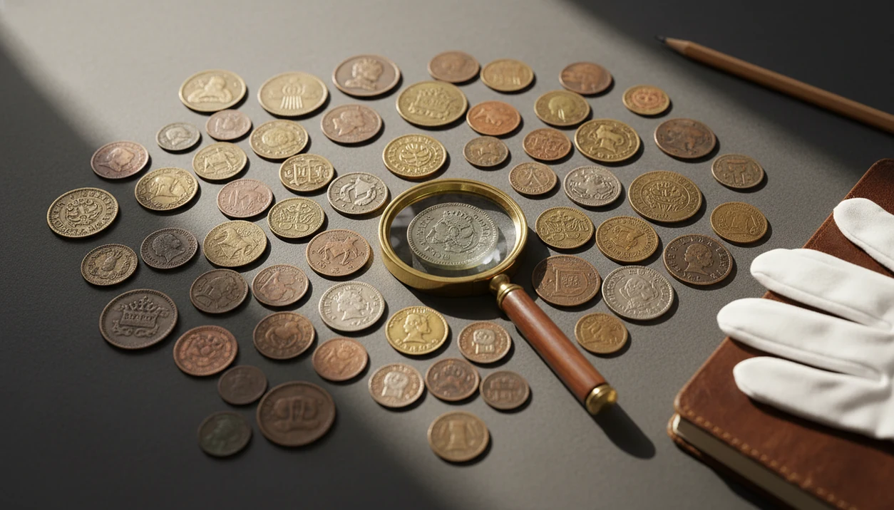 Mixed world coins under a magnifying glass on a desk for script and numeral identification.